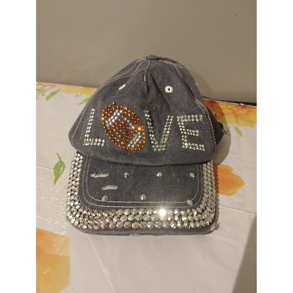 Rhinestone Football LOVE Distressed Denim Baseball Cap Gray Adjustable Hat